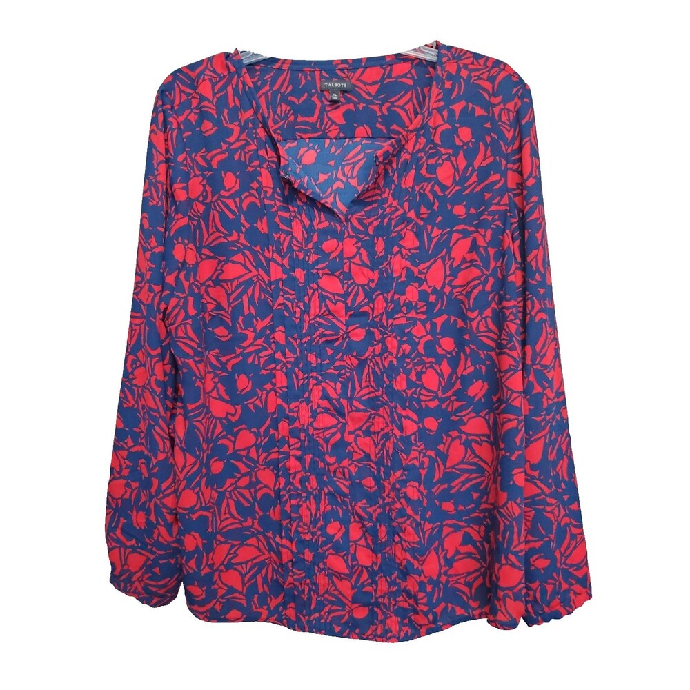 TALBOTS Red & Blue Floral Print Pleated Front Split Neck Long Sleeve Blouse XL